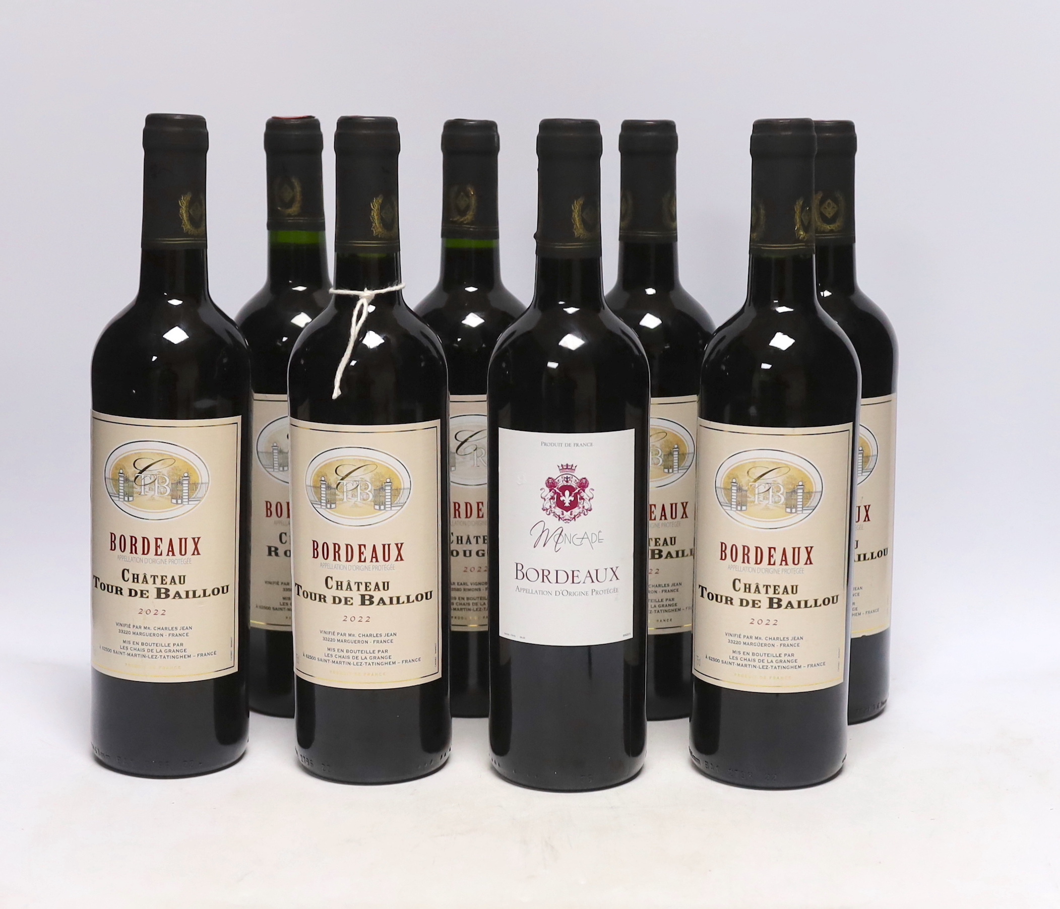 Eight bottles of wine - Five bottles of Chateau Tour De Baillou 2022 Bordeaux, two bottles of Chateau Rougier 2022 Bordeaux and one bottle of Moncade Bordeaux